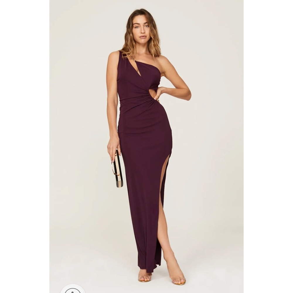 Nicholas Defano Asymmetric Gown One Shoulder Burgundy Chain Formal Dress Sz 0 US